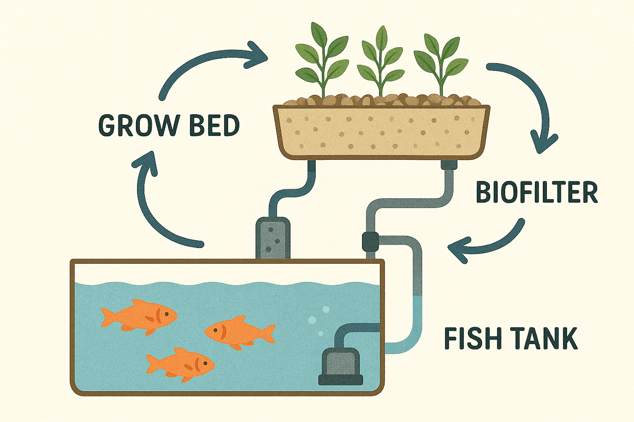 Aquaponic Success: 7 Proven Steps for a Thriving Fish–Plant System 1 Closed-loop aquaponics system diagram with fish tank, biofilter, and grow bed showing water cycle.