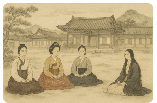 경복궁 뜰에 한국화 화풍으로 그려진 조선의 네 여인: 정희왕후, 폐비 윤씨, 허난설헌, 무라사키 시키부.