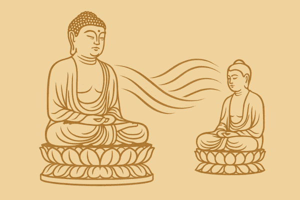 Sepia illustration of a larger Korean Buddha and a smaller Japanese Buddha connected by flowing Dharma lines, symbolizing spiritual transmission from Korea to early Japan.