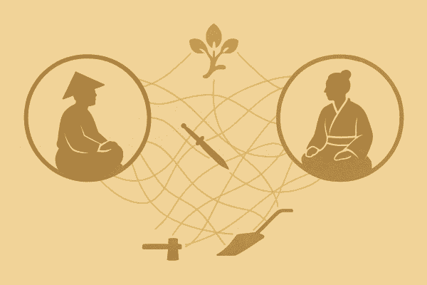 Figurative sepia illustration showing Paekche and Yamato figures connected by cultural exchange symbols, representing early Korean influence on Japan.