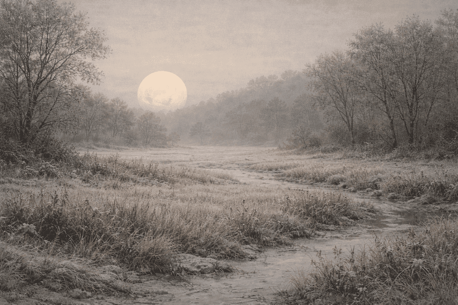A wide misty winter landscape at dawn with pale moonlight over a quiet field, reflecting calm seasonal rhythm and the cycle of the Seollal Year of the Horse