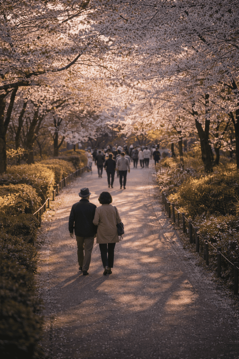 꽃나무 아래를 천천히 걷는 사람들과 함께 고양의 보행자 도로를 따라 봄빛이 들어온다.
