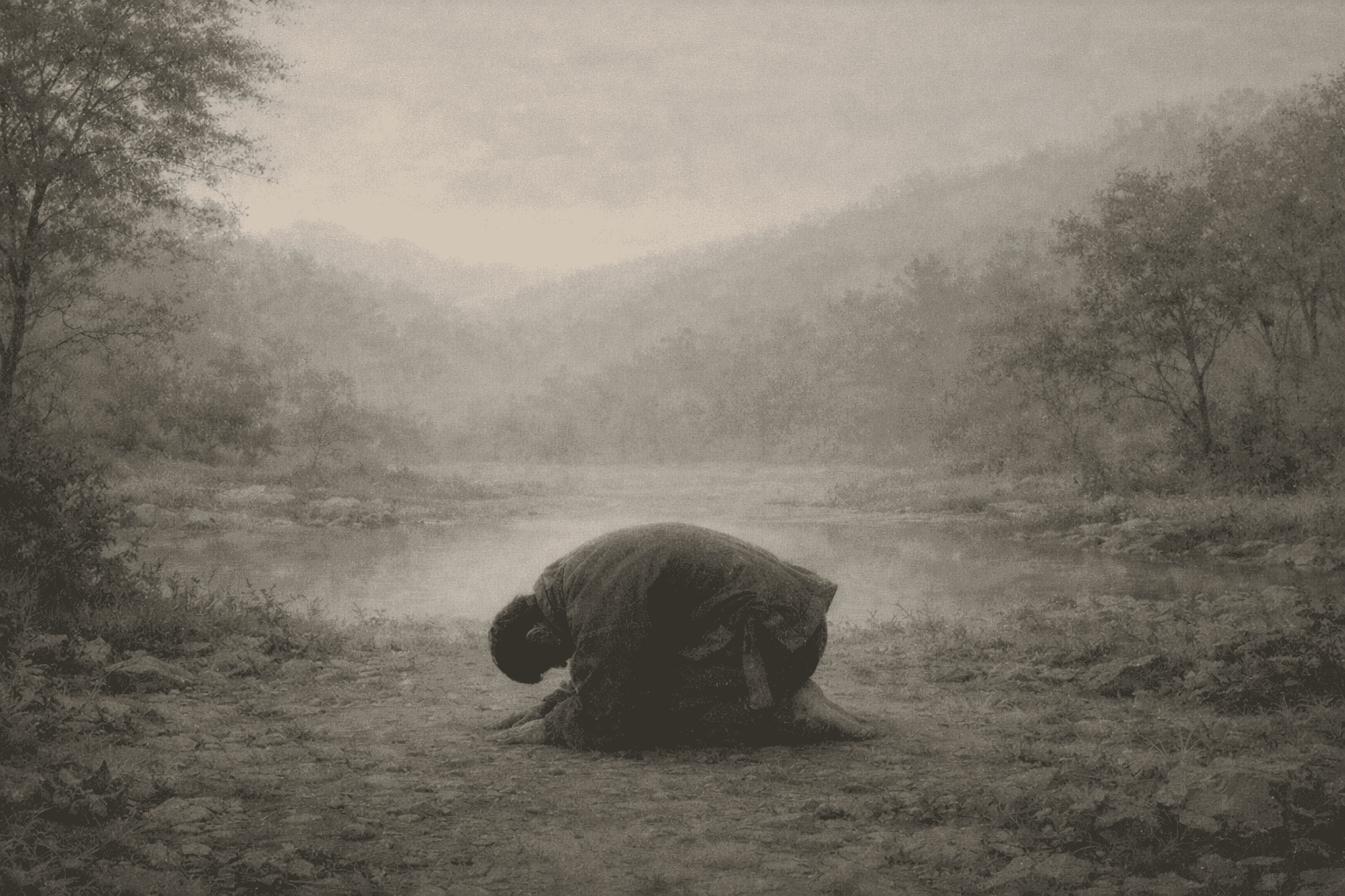 Silhouette of a person performing a traditional bow in a quiet winter landscape, reflecting ritual continuity in the Seollal Year of the Horse
