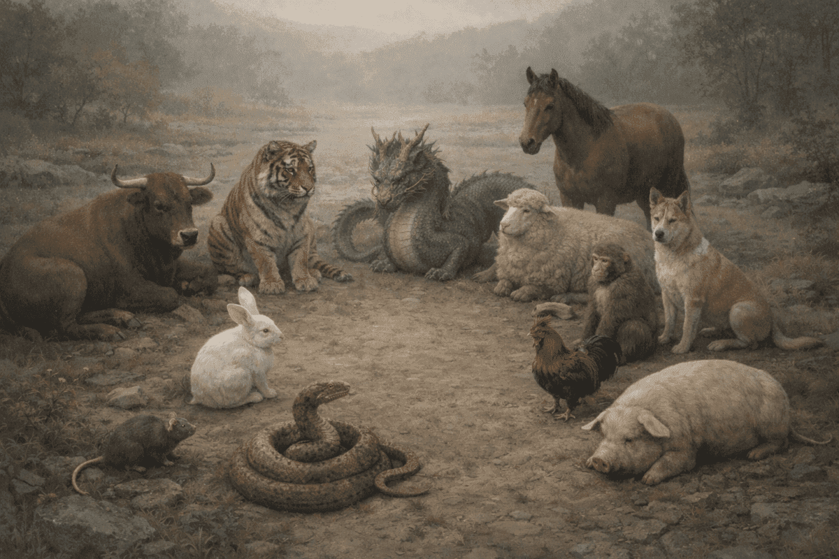 A serene 16:9 landscape showing the twelve Korean zodiac animals arranged in a circle, reflecting Seollal Year of the Horse time cycle