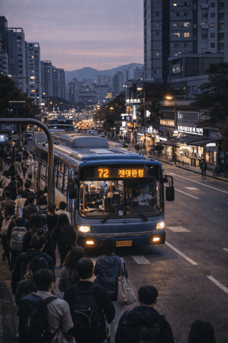 저녁 출퇴근 시간, 고양에 도착한 시내버스가 넓은 인도에 들어서고 있습니다.