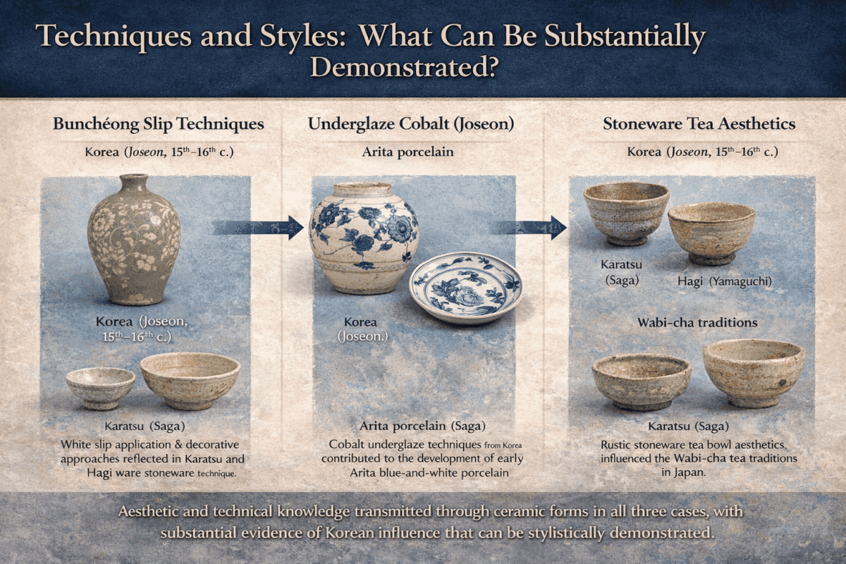 nfographic showing Korean ceramic techniques influencing Japanese pottery, including Buncheong slip decoration, underglaze cobalt in Arita porcelain, and stoneware tea aesthetics in Karatsu and Hagi