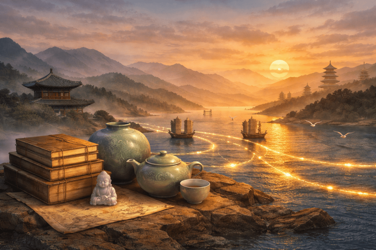 Korean Influence (1) – The Currents That Shaped Cultures Beyond Korea 1 Korean influences. A layered Korean landscape with mountains, books, ceramics, and sea routes suggesting cultural exchange across time