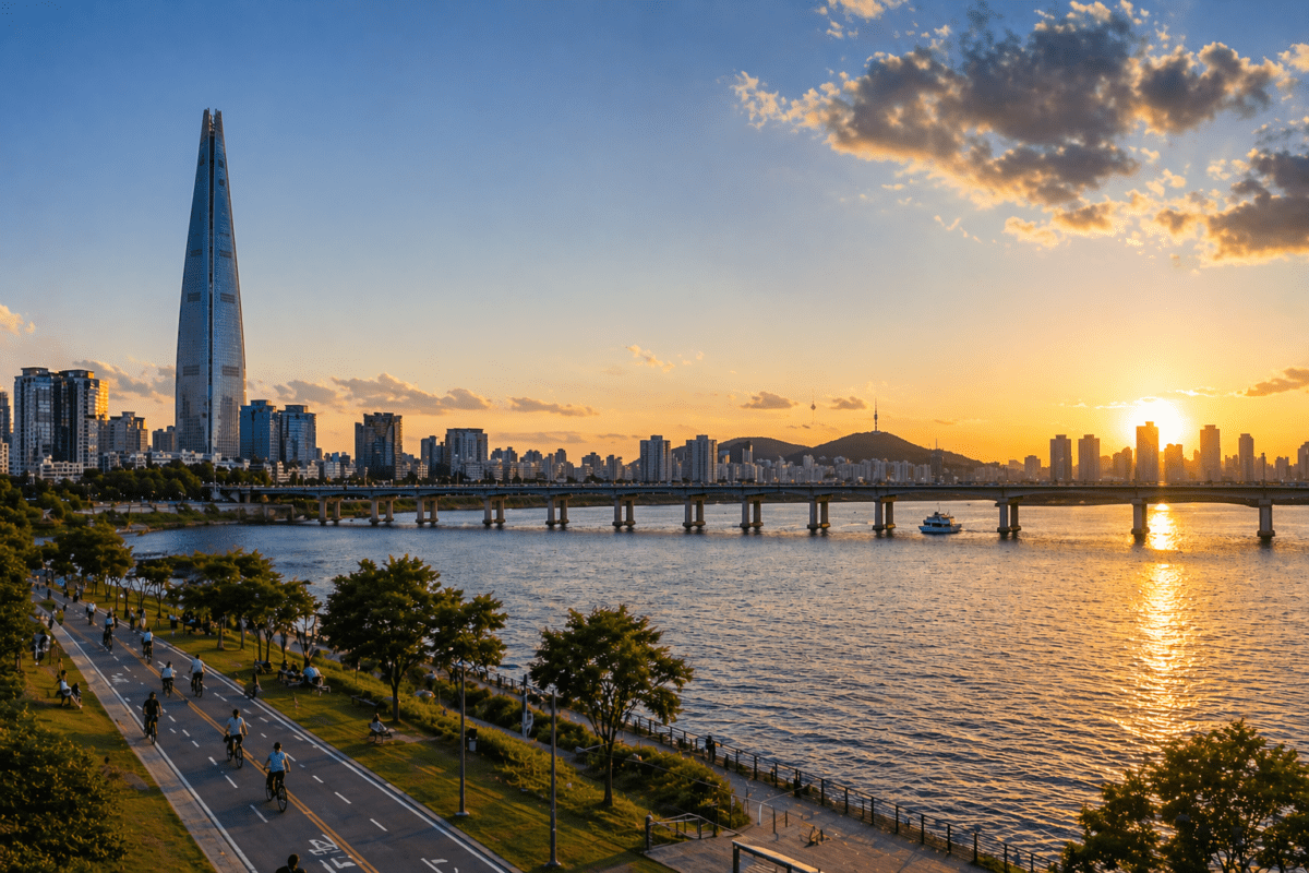 Han River 1 Han River Seoul skyline at sunset with bridge and riverside park