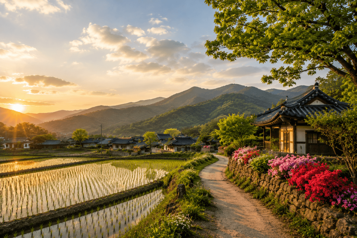 Korean rural landscape with rice fields, mountains and spring flowers